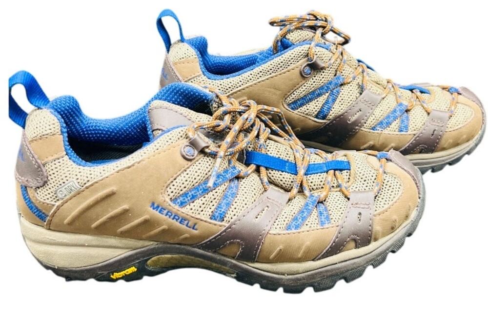 🧗‍♀️ Merrell 7.5 Stone Blue Tan Hiking Trail Shoe Vibram Grip Outdoor Adventure